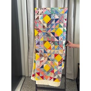 Vintage Handmade Patchwork Quilt Multi-Color Scrap Geometric Cotton Throw 79x66